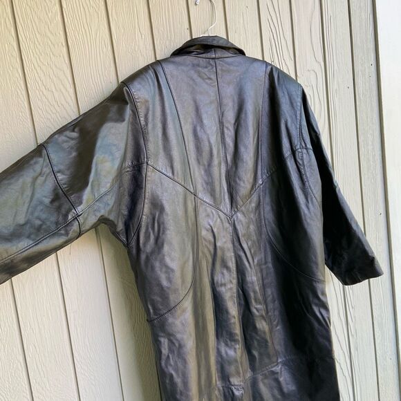 VTG 80s Pelle Black Leather Trench Coat Oversized Boxy Blazer Jacket M - Picture 6 of 9